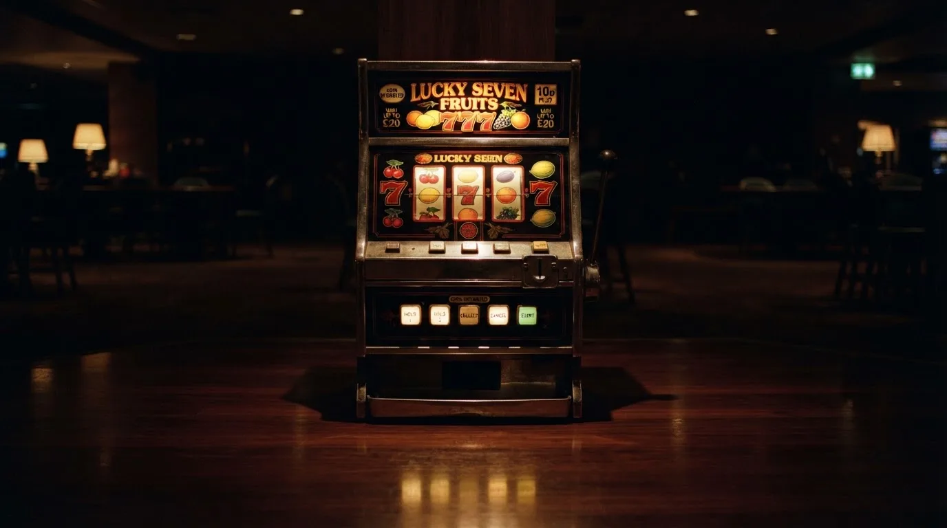 Vanha hedelmäpeliautomaatti hehkuu hämärässä pelisalissa, heijastus kiillottaa tummaa lattiaa — casino ventti