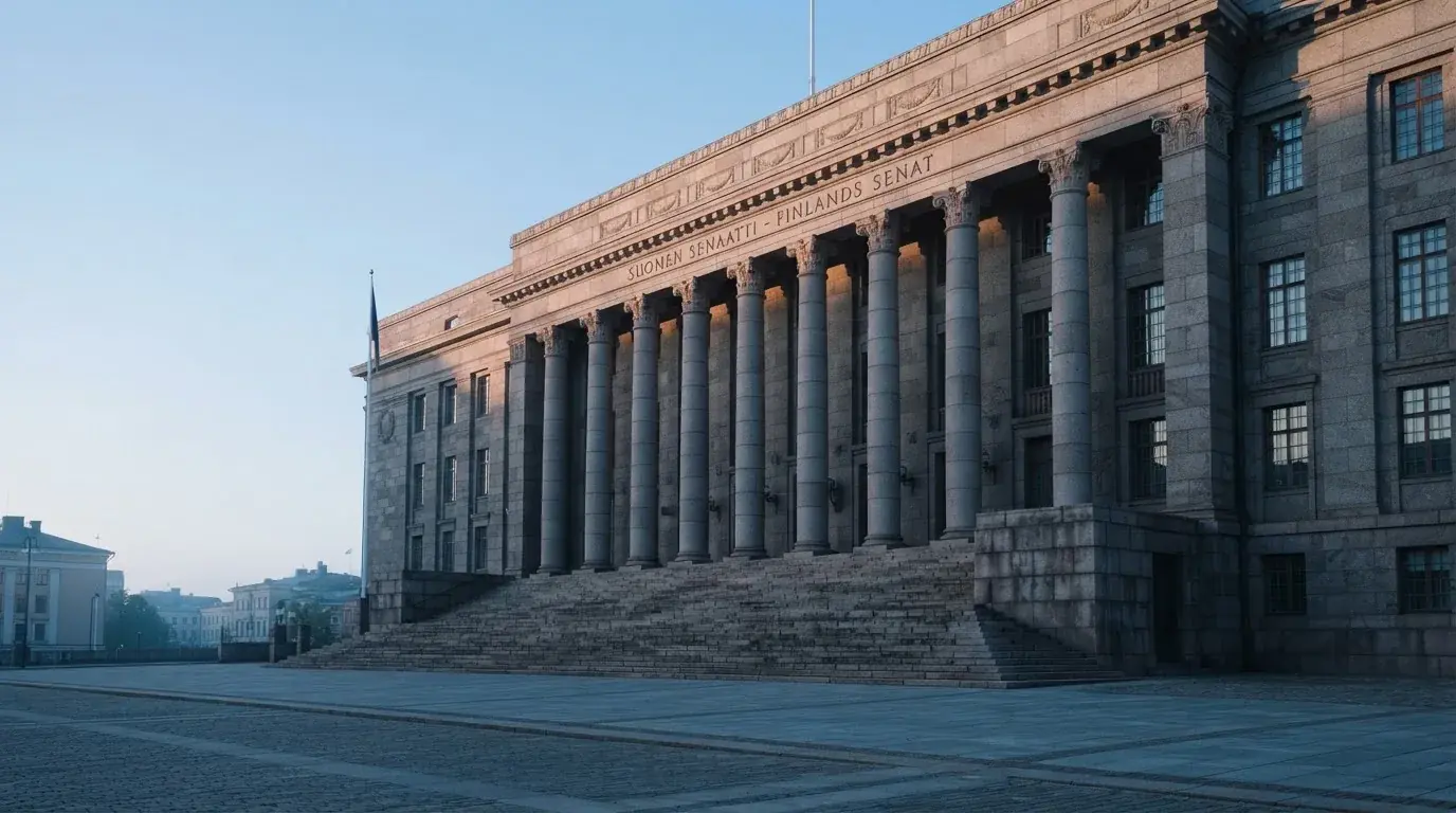 Kivinen valtionhallinnon julkisivu Helsingissä aamunkoitteessa, korkeat pylväät ja tyhjä aukio edessä — kaikki suomalaiset nettikasinot