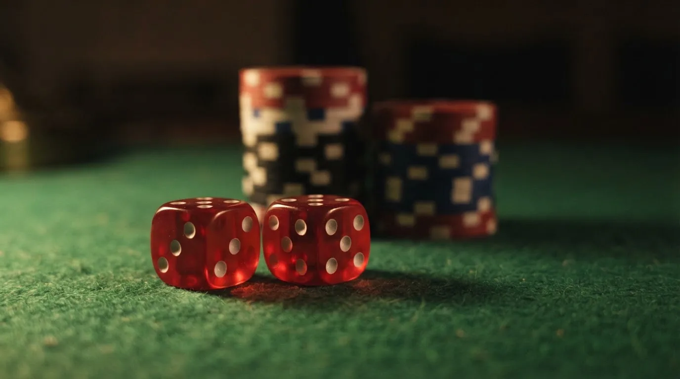 Punaiset nopat lepäävät vihreällä huovalla, taustalla sumeita pelimerkkitorneja iltahämärässä — kolikkopelit casino pelit