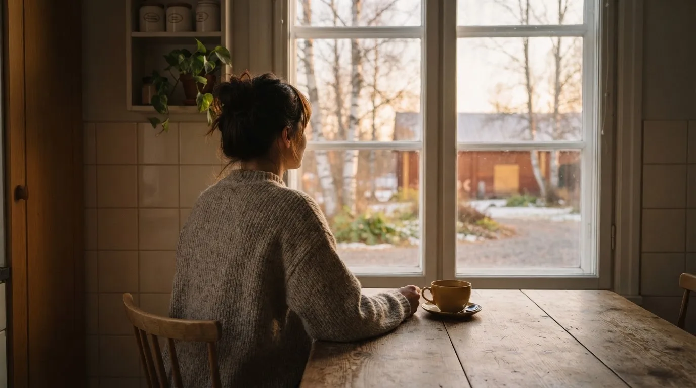 Henkilö istuu keittiön pöydän ääressä teekupin kanssa katsoen ulos ikkunasta rauhallisesti.