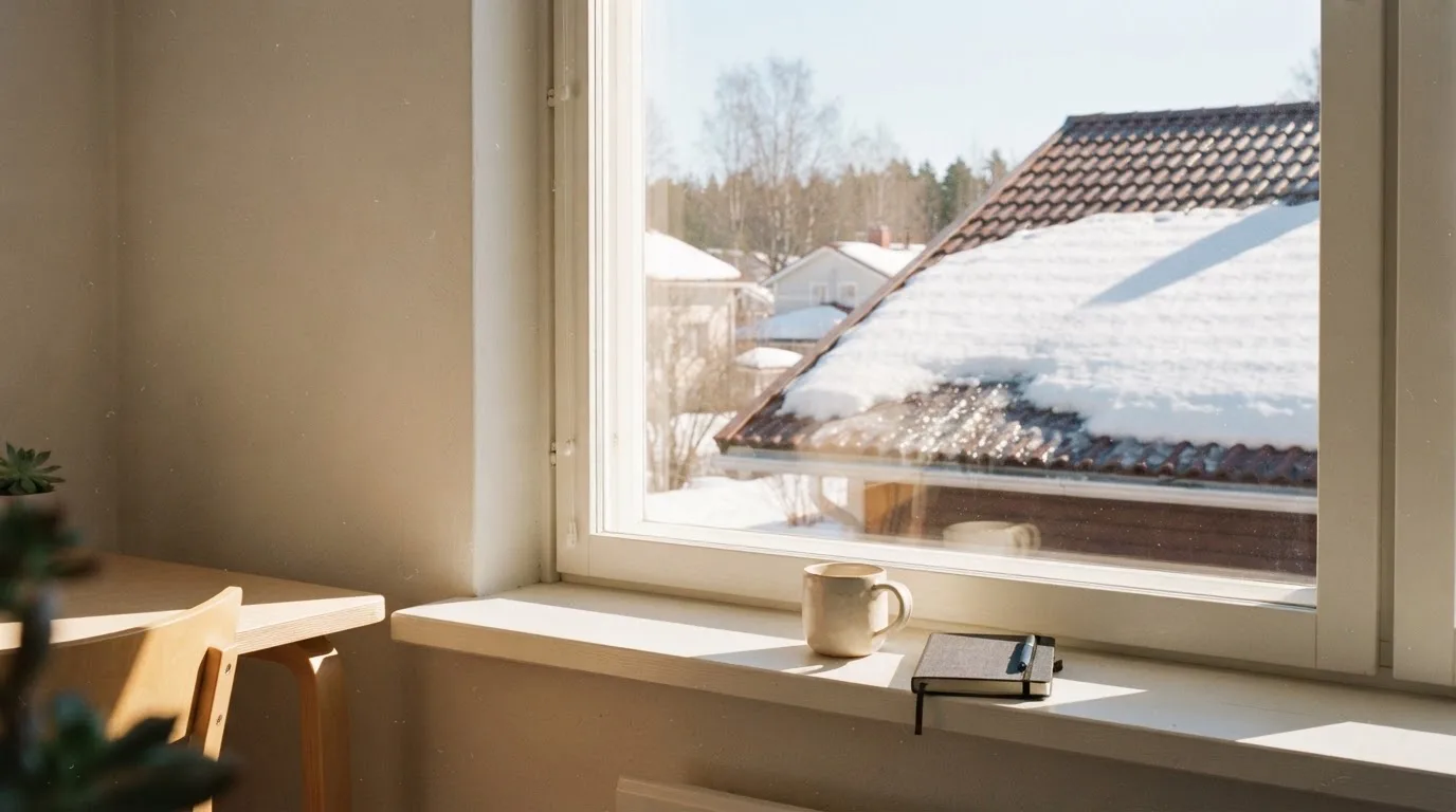 Toimistohuoneen ikkunasta näkyy maaliskuun aamu, lumi sulaa katolla auringonpaisteessa hiljaisella aamulla.