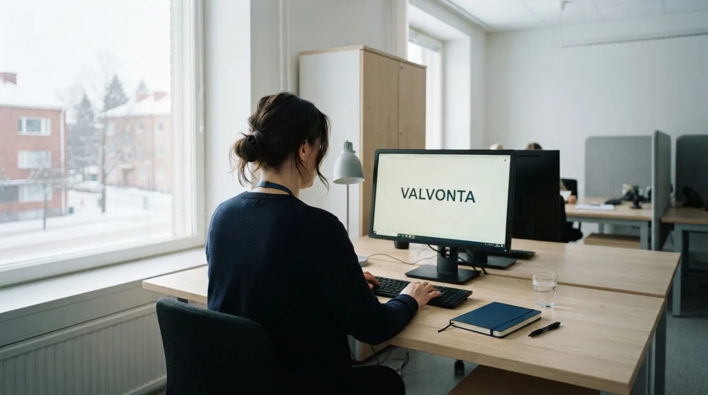 Virkailija istuu vaaleassa virastohuoneessa tietokoneen ääressä, ikkunasta näkyy talvinen kaupunkimaisema.